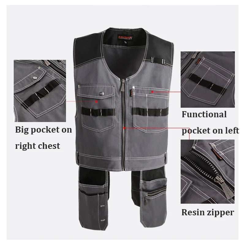 Bauskydd High Quality Men Male Female Outdoor Workwear Mens Work Vests Multifunction Tool Multi Pockets Vests Blue/Grey