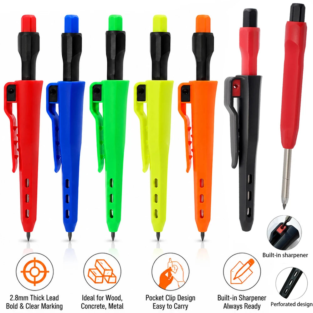 5Pcs Carpenter Pencil, 2.8mm Deep Hole Mechanical Pencil Marker with Built in Sharpener for Architect Woodworking Marking Tool