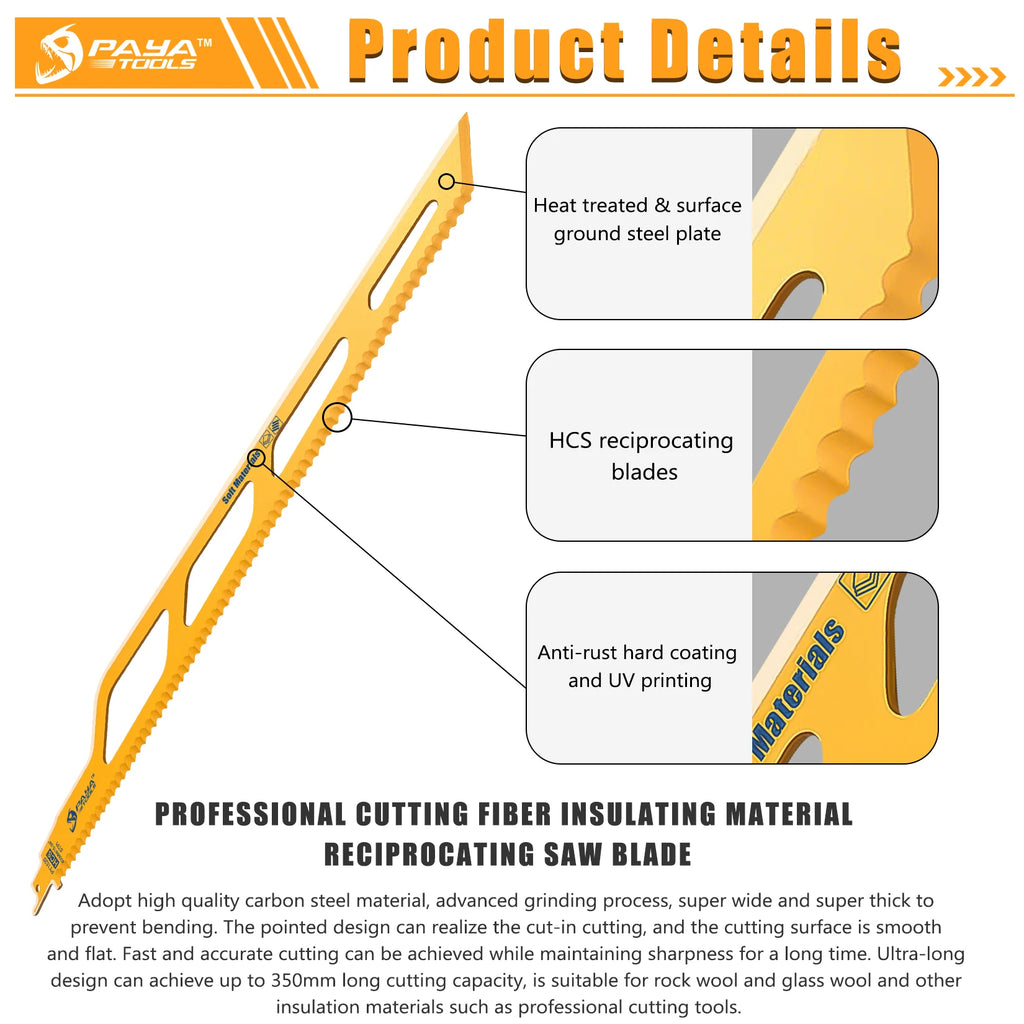 PAYA 16Inch 400mm Fibre Insulation Reciprocating Saw Blade Sabre Blade for Mineral Wool Insulated Pipe Soft Materials Cutting