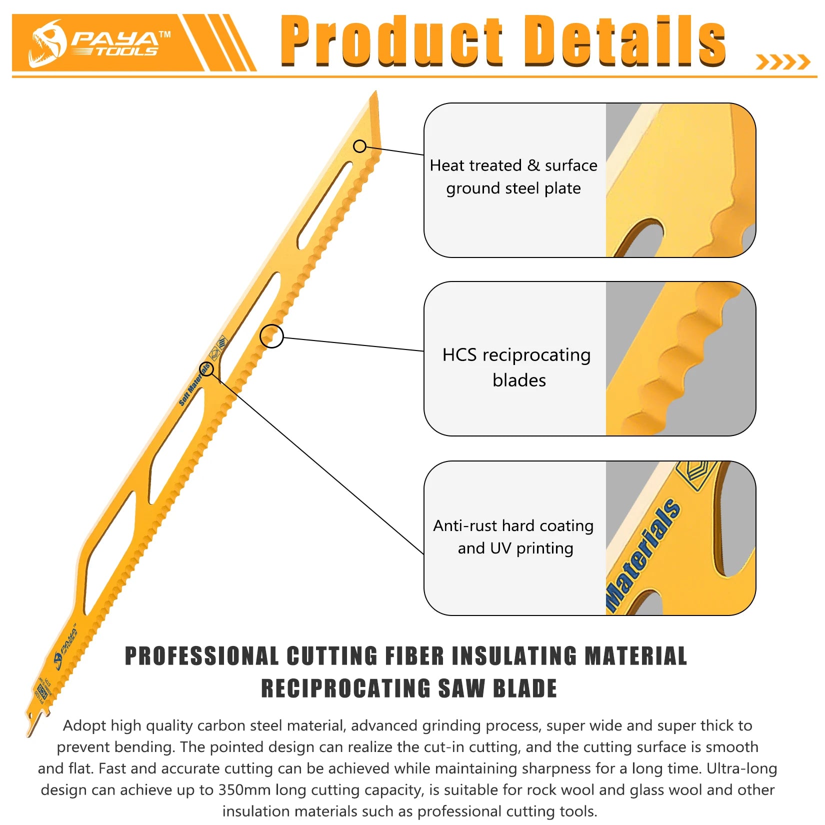 PAYA 16Inch 400mm Fibre Insulation Reciprocating Saw Blade Sabre Blade for Mineral Wool Insulated Pipe Soft Materials Cutting