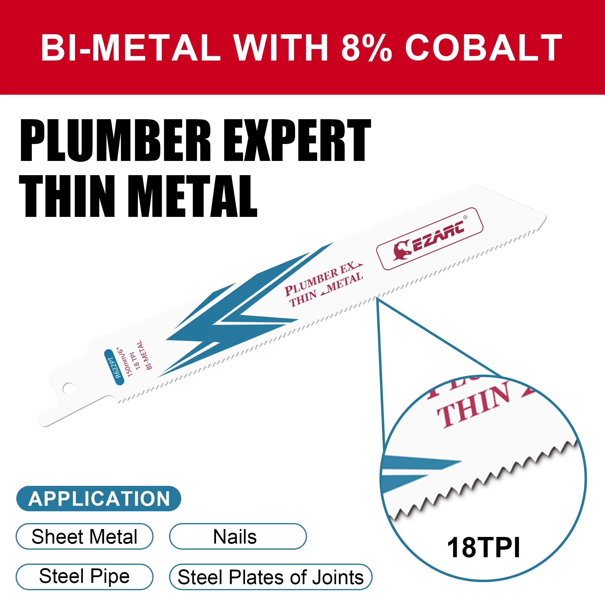 EZARC 6-Inch Reciprocating Saw Blade Bi-Metal Cobalt Sabre Saw Blades for Thin-Medium Metal Cutting 150mm R622PT 18TPI