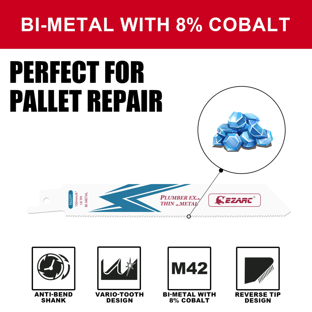 EZARC 6-Inch Reciprocating Saw Blade Bi-Metal Cobalt Sabre Saw Blades for Thin-Medium Metal Cutting 150mm R622PT 18TPI