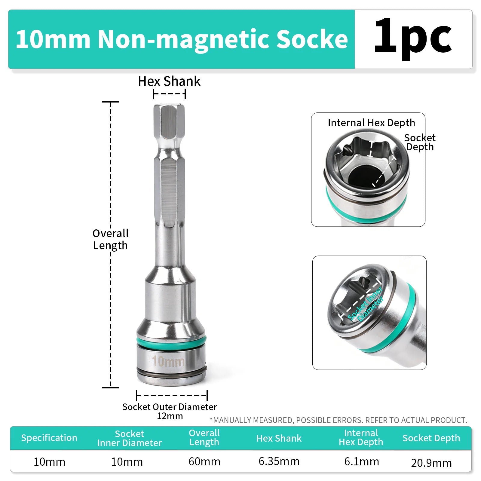 1PC 8/10MM Non-Magnetic 6.35 Hex Shank Wrench Socket Screw Driver For Self-Drilling Tek Screw Self-Tapping Screw With Steel Ball