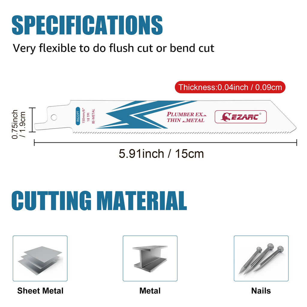 EZARC 6-Inch Reciprocating Saw Blade Bi-Metal Cobalt Sabre Saw Blades for Thin-Medium Metal Cutting 150mm R622PT 18TPI
